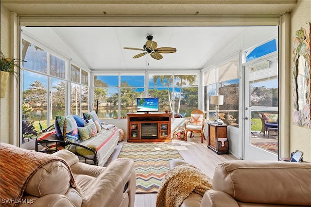 sunroom / solarium with ceiling fan and plenty of natural light