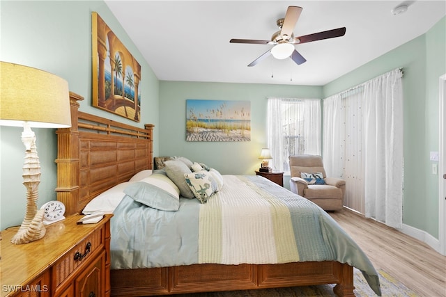 bedroom with ceiling fan and light hardwood / wood-style flooring