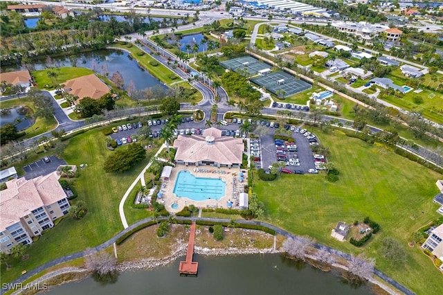 drone / aerial view with a water view