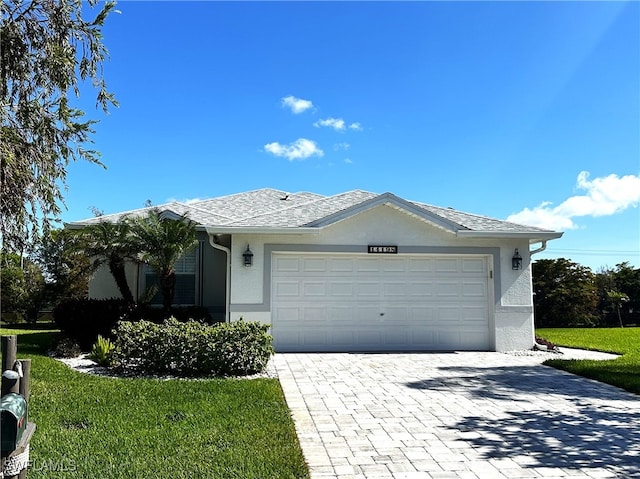 single story home featuring a front yard and a garage