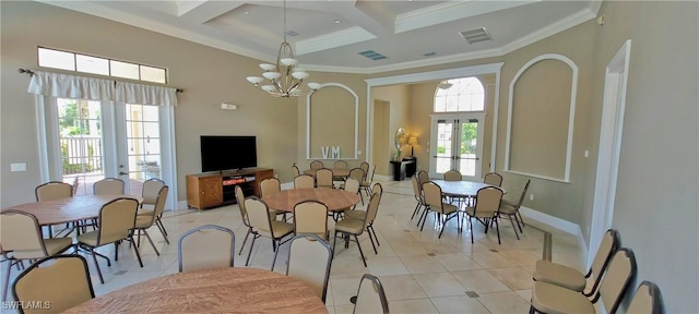 dining space featuring light tile patterned flooring, a high ceiling, coffered ceiling, crown molding, and french doors