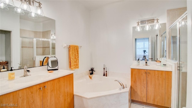 bathroom featuring vanity and plus walk in shower