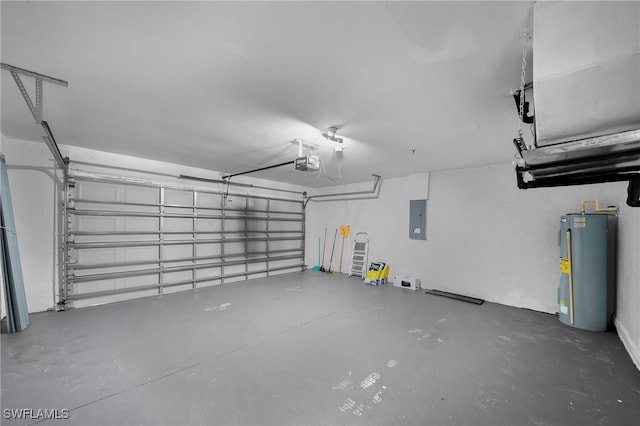 garage featuring electric water heater, a garage door opener, and electric panel