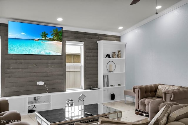 living room featuring crown molding and light tile patterned flooring