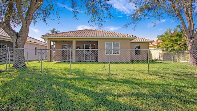2876 Orange Grove Trl, Naples, FL 34120 - rear view of property with a ceiling fan, stucco siding, and a tiled roof