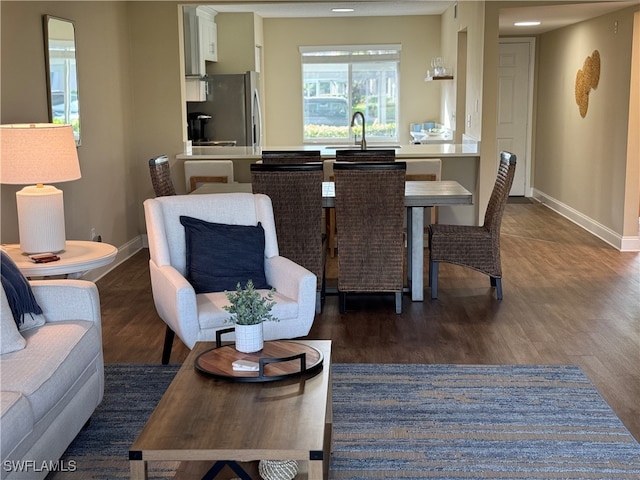 living room with dark hardwood / wood-style flooring