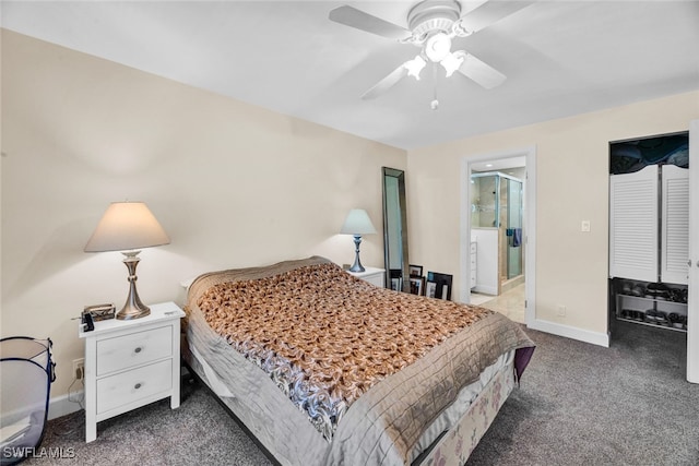 carpeted bedroom featuring ceiling fan and connected bathroom