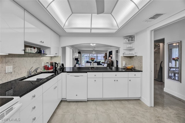 kitchen with white cabinets, white appliances, sink, and backsplash