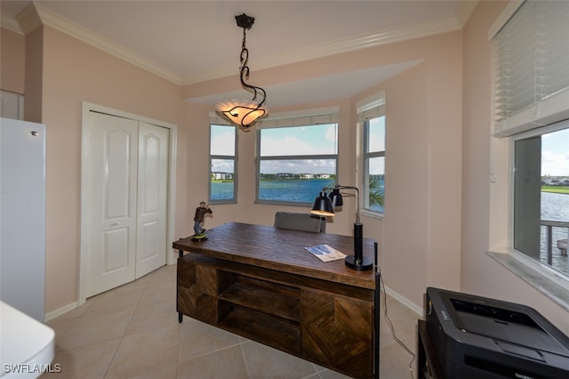 office with a water view, a healthy amount of sunlight, light tile patterned floors, and ornamental molding