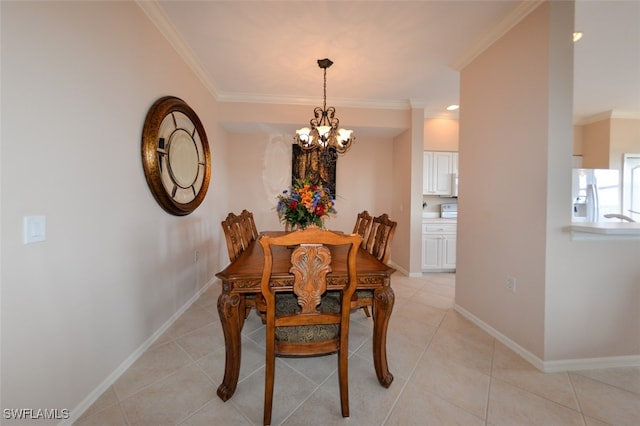 dining area featuring an inviting chandelier, crown molding, and light tile patterned flooring