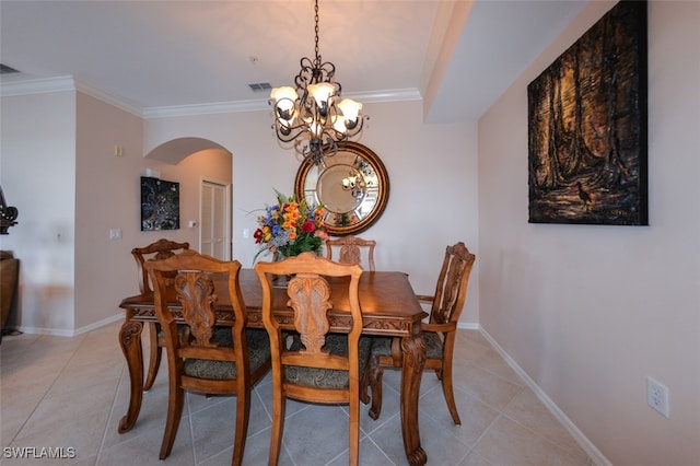 dining room featuring light tile patterned floors, a notable chandelier, and ornamental molding