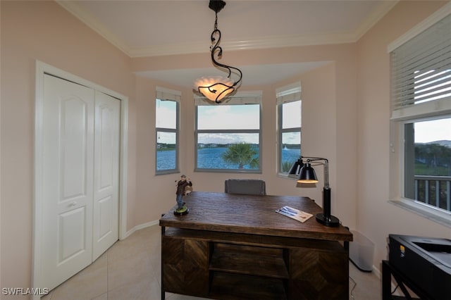 tiled office space with a water view and ornamental molding