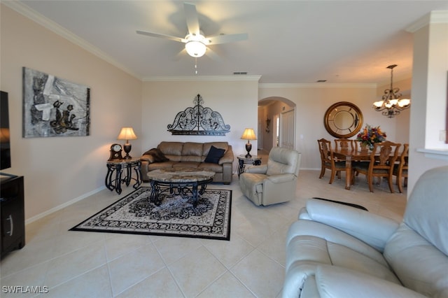 living room with light tile patterned floors, ceiling fan with notable chandelier, and ornamental molding