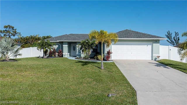 single story home with a front lawn and a garage