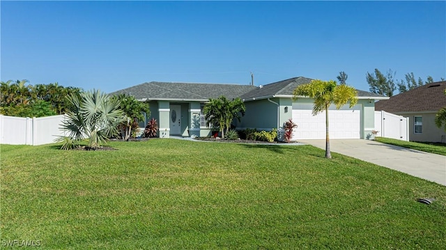 single story home with a garage and a front lawn