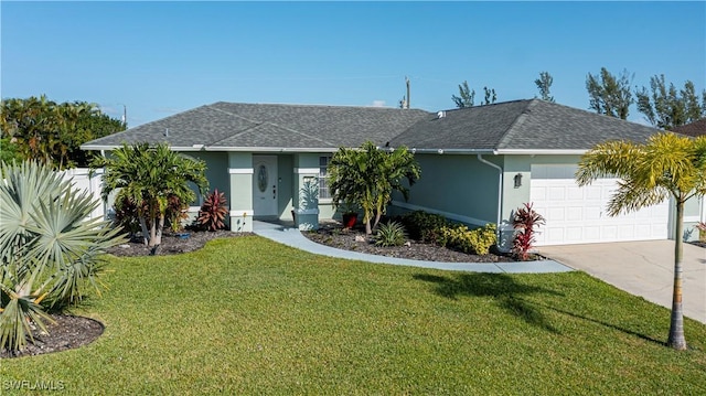 ranch-style home featuring a garage and a front lawn