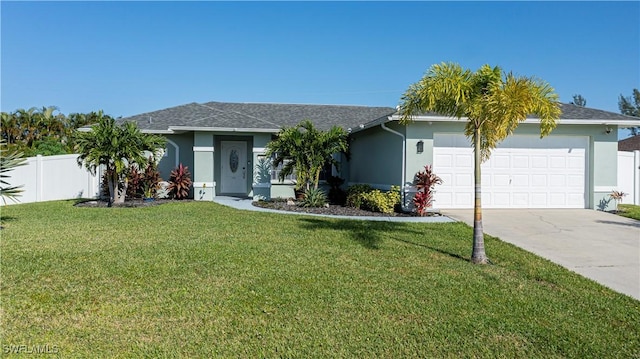 ranch-style house with a front yard and a garage