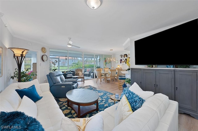 7576 Oleander Gate Dr Unit 101, Naples, FL 34109 - living room with crown molding, light wood-style floors, and ceiling fan