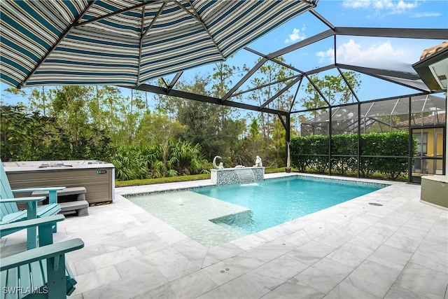 view of pool with a lanai, a patio, a hot tub, and pool water feature