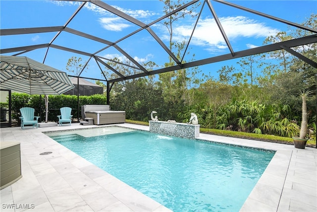 view of pool featuring a lanai, pool water feature, and a patio