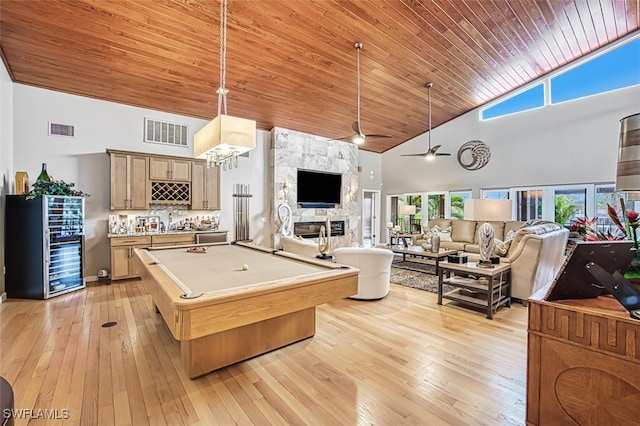 playroom with pool table, high vaulted ceiling, light hardwood / wood-style floors, and ceiling fan