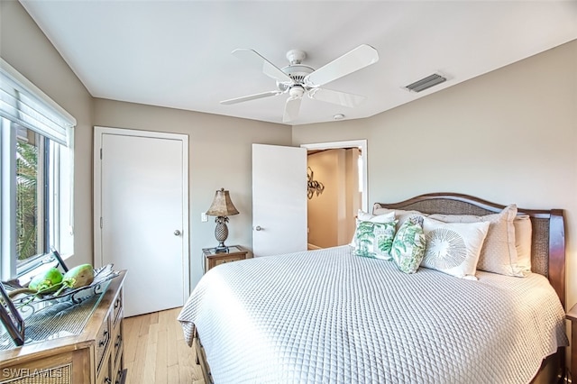 bedroom with ceiling fan and light hardwood / wood-style flooring