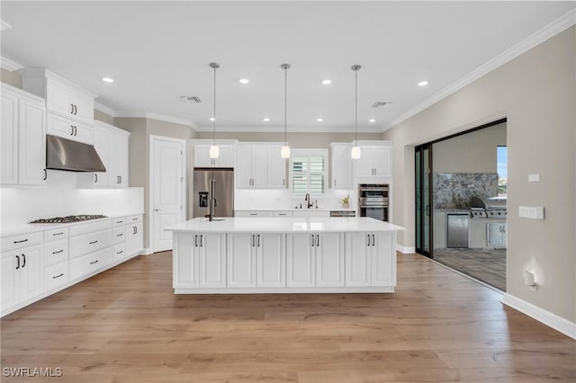 kitchen with pendant lighting, light hardwood / wood-style floors, a kitchen island with sink, and appliances with stainless steel finishes