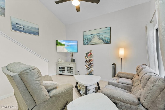 13366 Fox Chapel Ct, Fort Myers, FL 33919 - living room featuring a ceiling fan, lofted ceiling, and light carpet