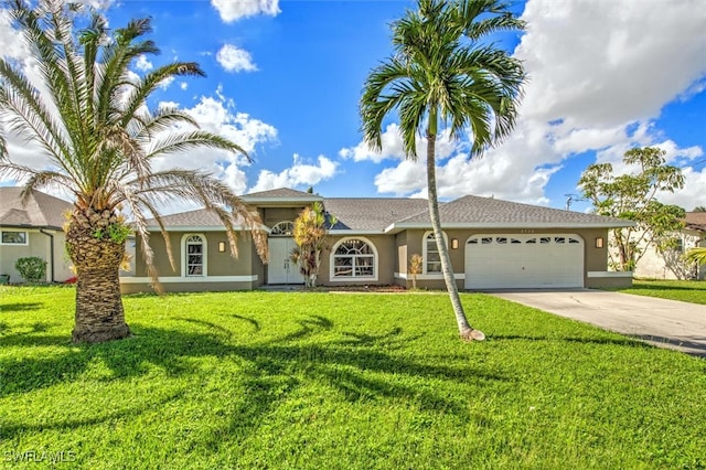 single story home with a garage and a front yard