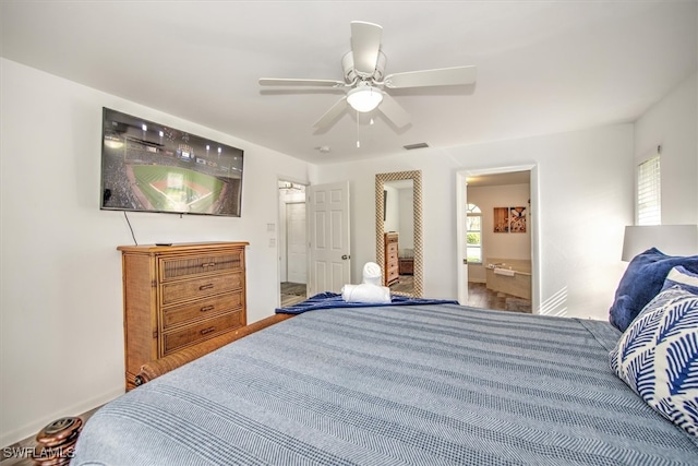 bedroom featuring connected bathroom and ceiling fan