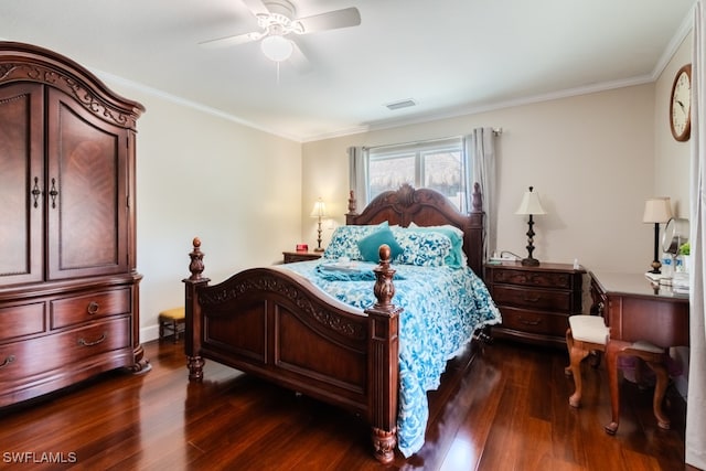 bedroom featuring crown molding, ceiling fan, and dark wood-type flooring