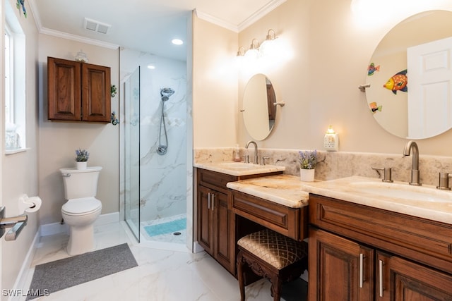 bathroom with vanity, toilet, a shower with door, and crown molding