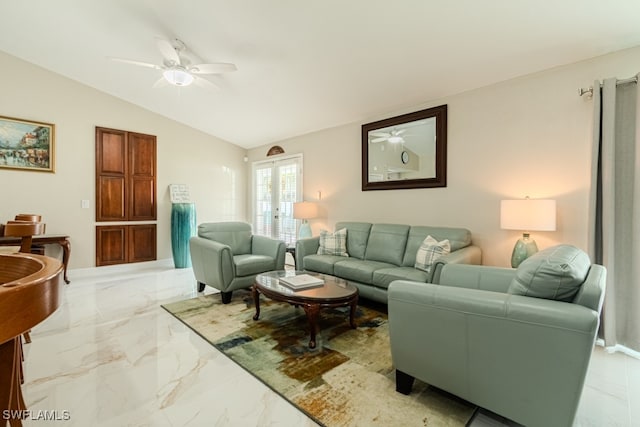 living room with ceiling fan, french doors, and vaulted ceiling