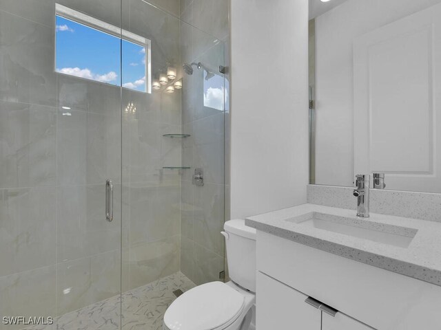 bathroom with toilet, vanity, and a shower with shower door