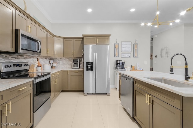 kitchen featuring stainless steel appliances, decorative backsplash, sink, light tile patterned floors, and crown molding