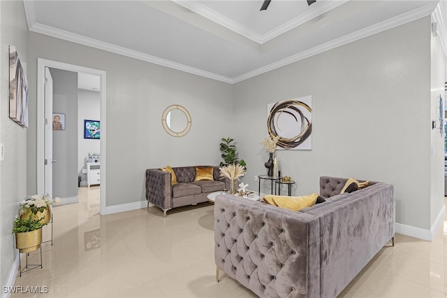 tiled living room featuring ceiling fan and crown molding