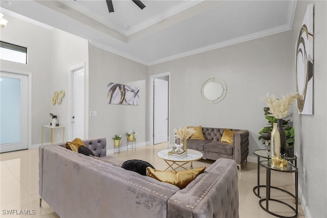 living room featuring light tile patterned floors, ceiling fan, and crown molding