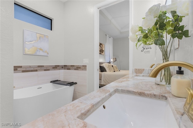 bathroom with a washtub and vanity