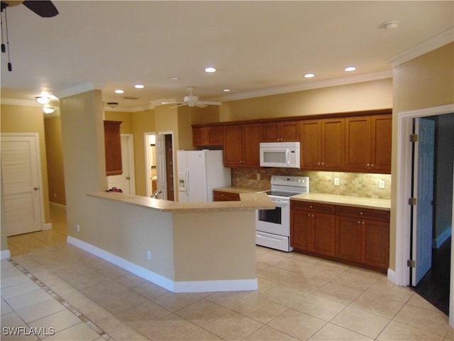 kitchen featuring ornamental molding, light tile patterned floors, white appliances, and ceiling fan