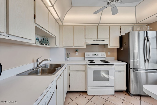 kitchen featuring white appliances, ceiling fan, sink, and light tile patterned flooring