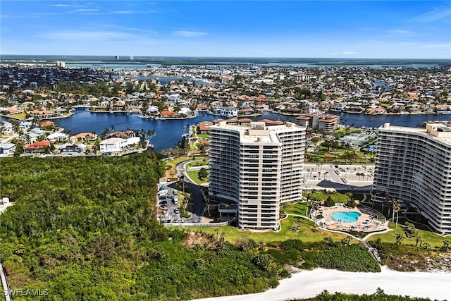 bird's eye view with a water view