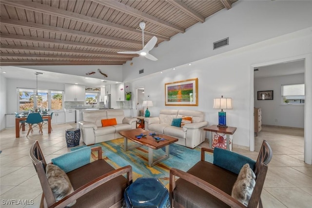 living room with high vaulted ceiling, light tile patterned flooring, ceiling fan, wooden ceiling, and beam ceiling