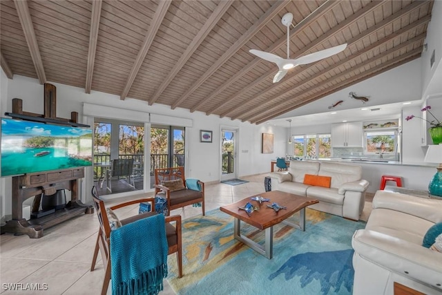 living room featuring ceiling fan, light tile patterned floors, high vaulted ceiling, and wood ceiling