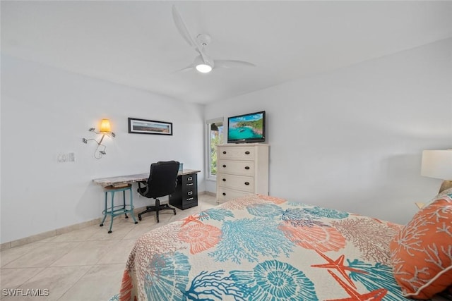 bedroom featuring ceiling fan and light tile patterned flooring