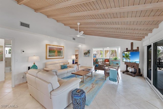 living room with light tile patterned floors, wood ceiling, ceiling fan, high vaulted ceiling, and beam ceiling