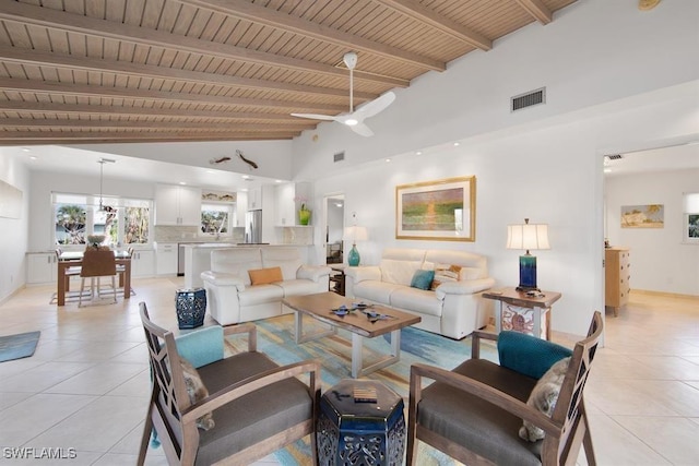 living room featuring wooden ceiling, light tile patterned floors, high vaulted ceiling, and beamed ceiling