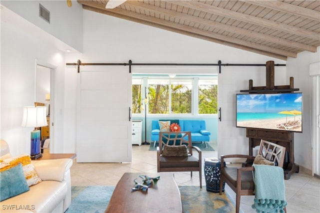 living room with a barn door, wood ceiling, light tile patterned flooring, and beamed ceiling