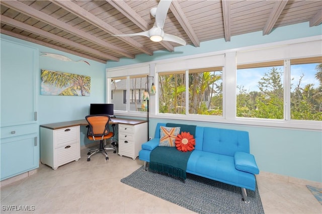 sunroom / solarium with wooden ceiling, ceiling fan, and lofted ceiling with beams