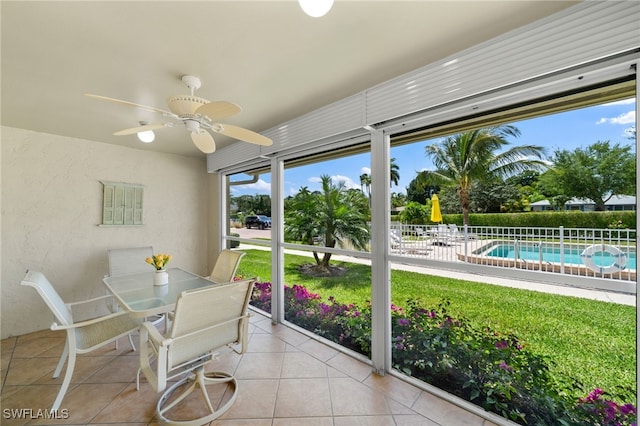 sunroom / solarium featuring ceiling fan