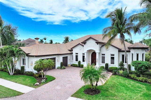 view of front of home with a front yard and a garage